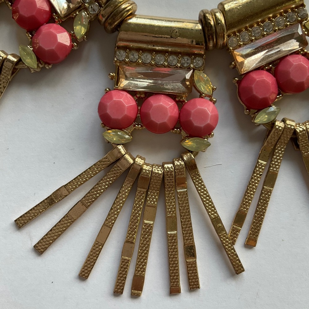 VTGStyle Gold Tone Coral Bead Rhinestone Geometric Fringe Statement Bib Necklace - Picture 8 of 10
